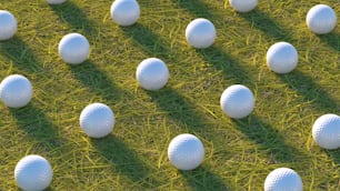 a group of white balls sitting on top of a lush green field