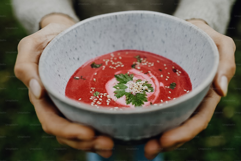 una persona sosteniendo un plato de sopa en sus manos