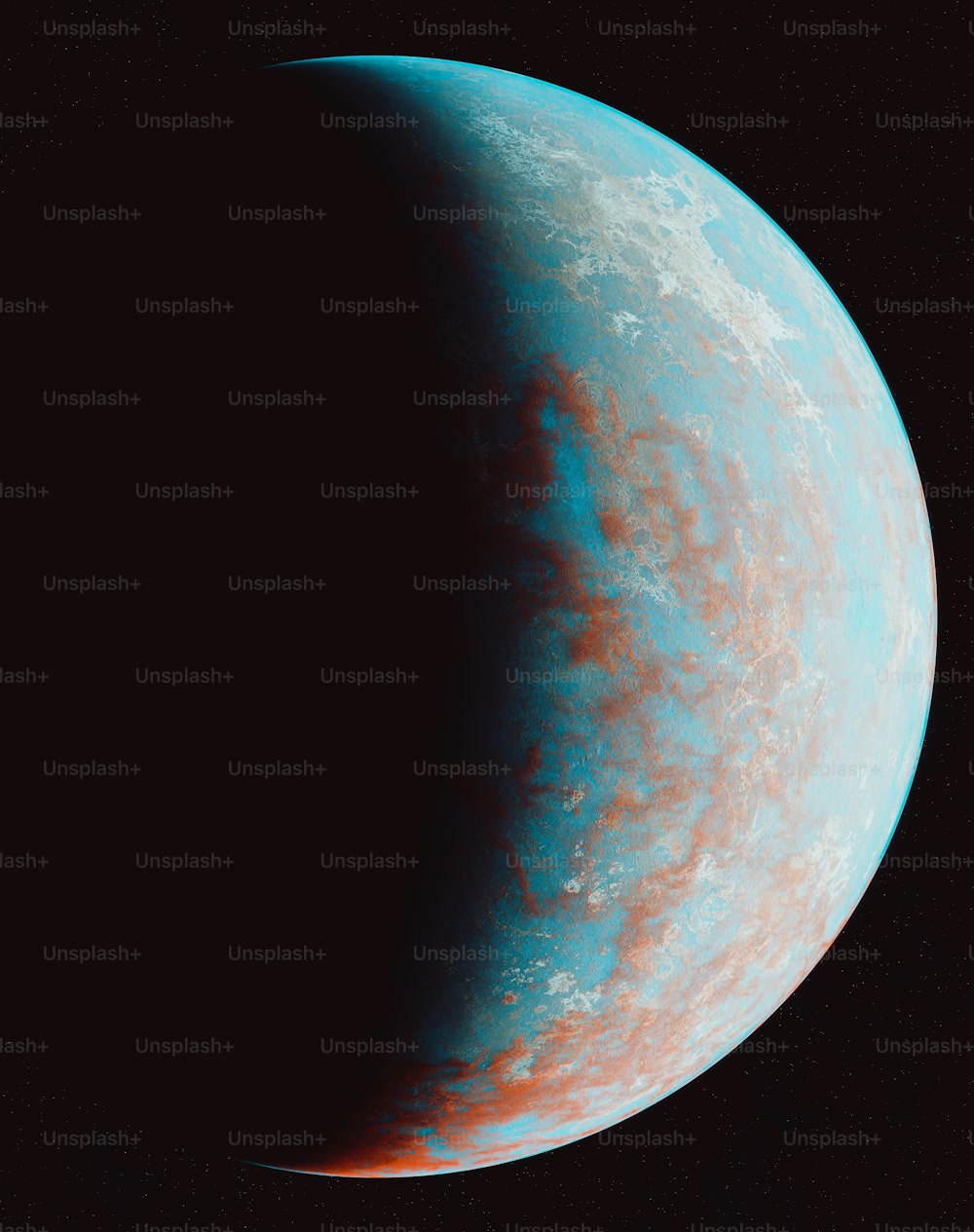 Ein blauer und roter Planet mit schwarzem Hintergrund