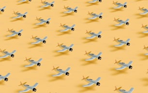 um grupo de pequenos aviões voando através de um céu amarelo