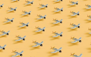 a group of small airplanes flying through a yellow sky