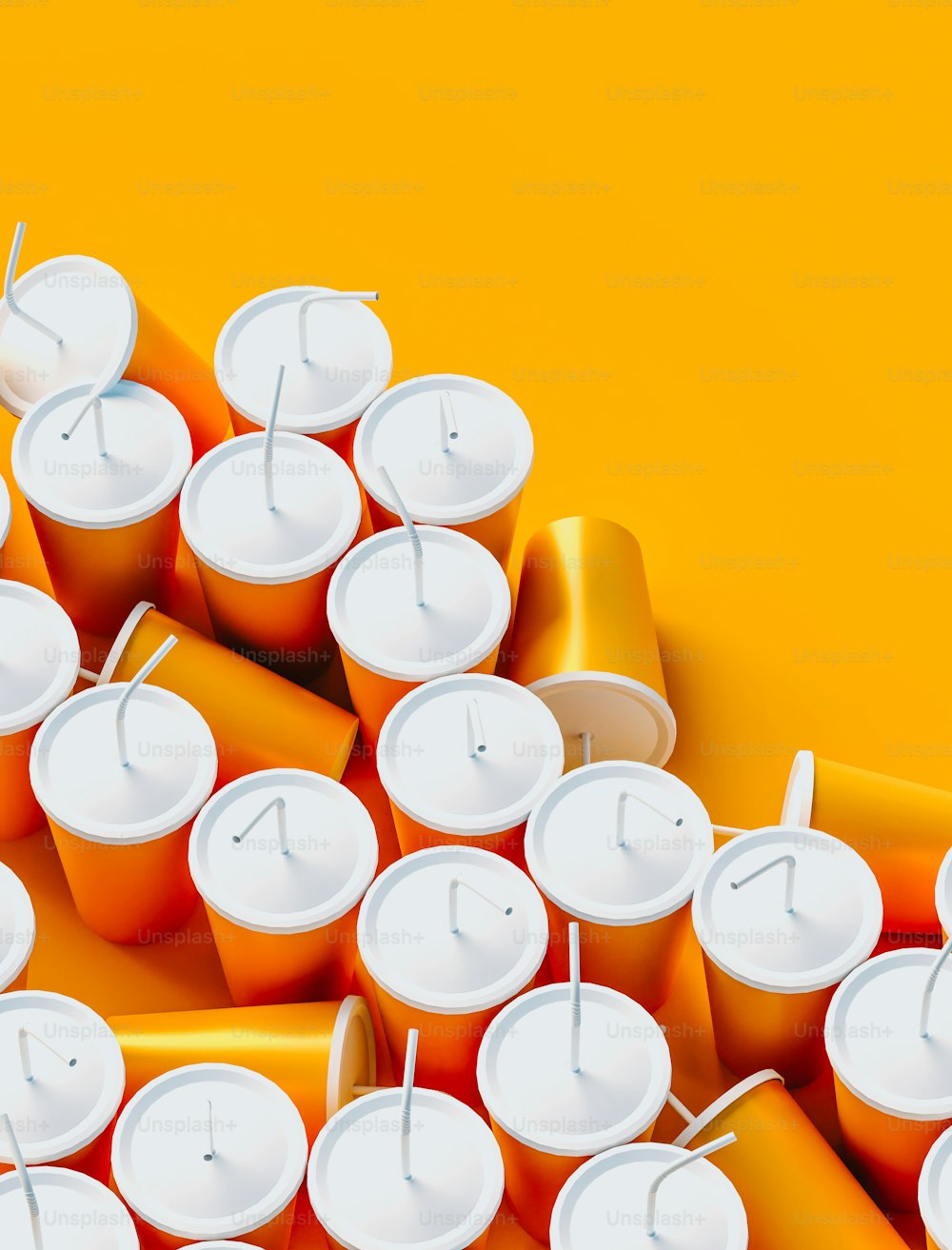 a pile of orange cups with a clock on them