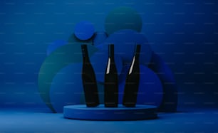 three black vases sitting on a blue pedestal