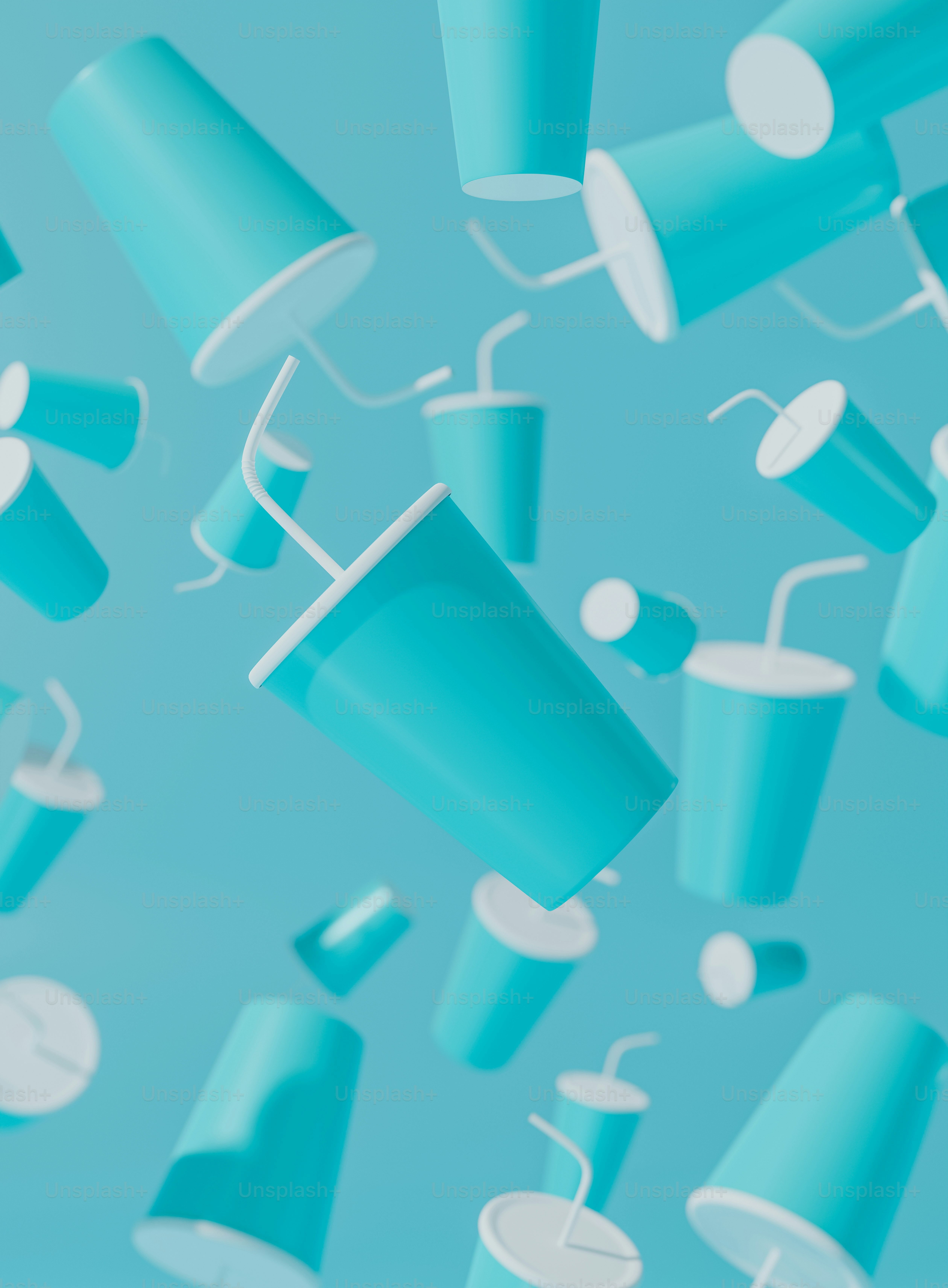 a bunch of blue cups flying through the air