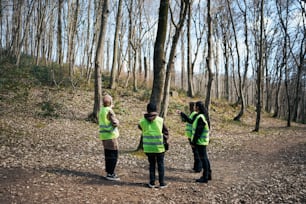 a group of people standing in the woods