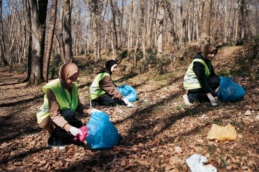 森の中のゴミを拾う人々のグループ
