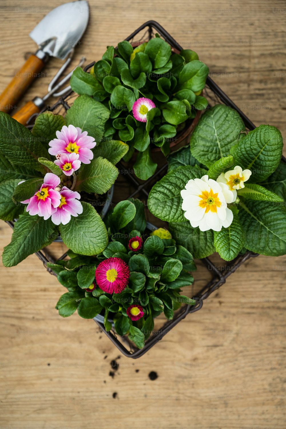 Un ramo de flores sentado encima de una mesa de madera