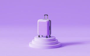 Una valigia viola su un piedistallo su uno sfondo viola