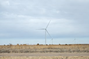 um campo com algumas turbinas eólicas à distância
