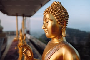 a golden buddha statue sitting on top of a roof