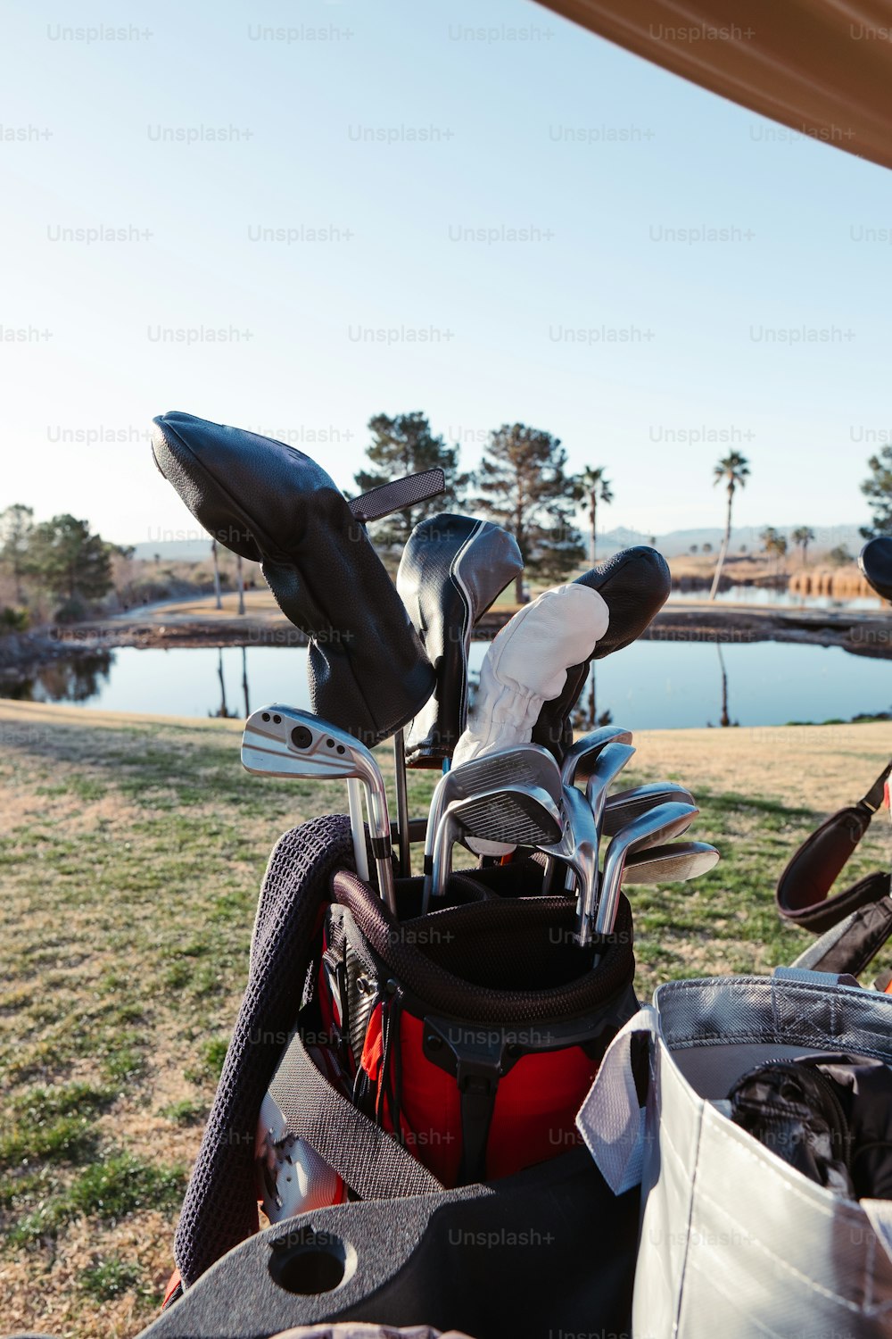 a golf bag filled with golf clubs sitting on top of a grass covered field
