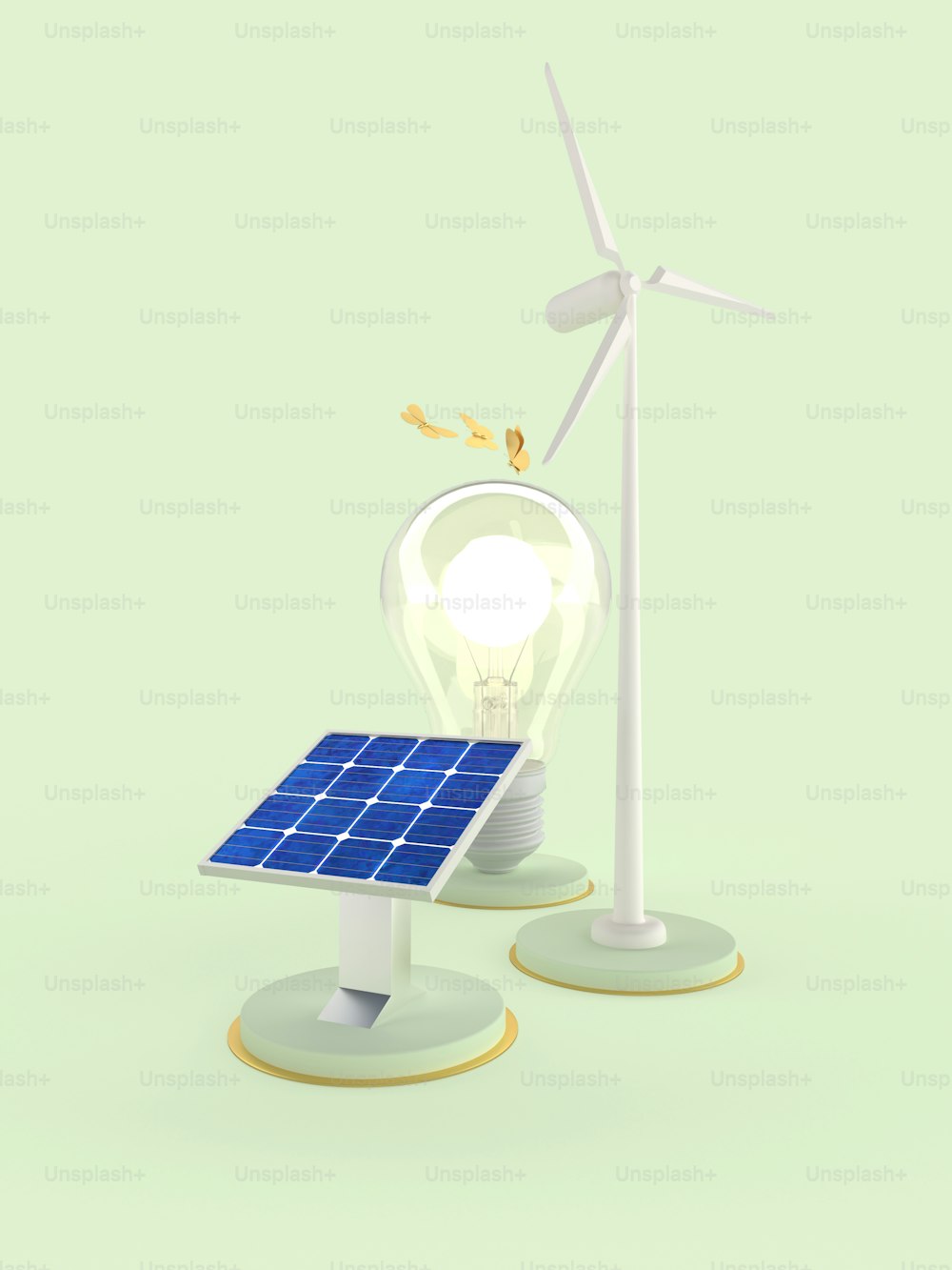 um painel solar e uma turbina eólica em um fundo verde