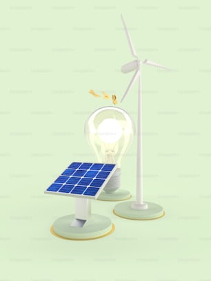 a solar panel and a wind turbine on a green background