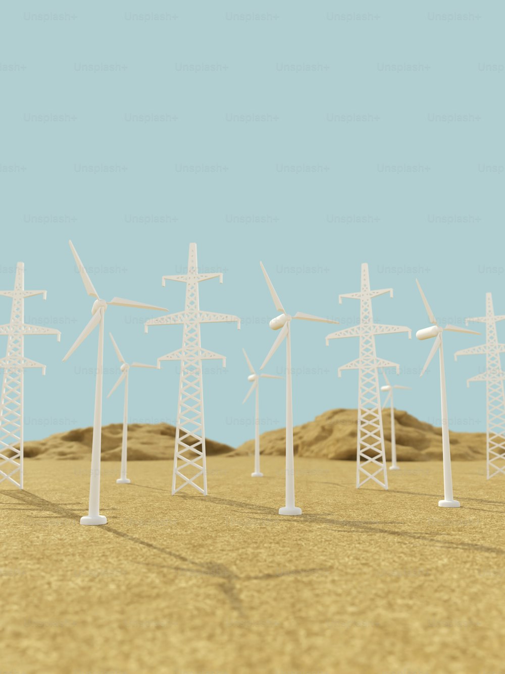 Una hilera de turbinas eólicas en un desierto