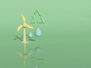 a green background with a wind turbine and a drop of water