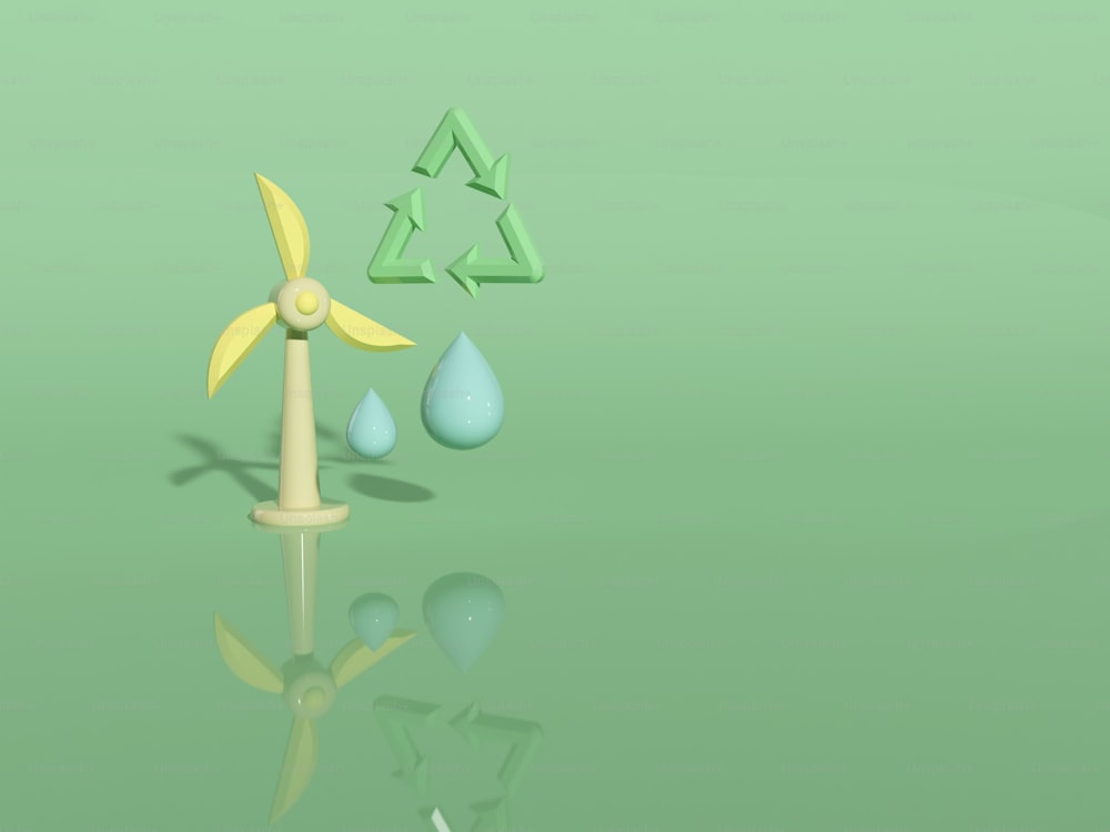a green background with a wind turbine and a drop of water