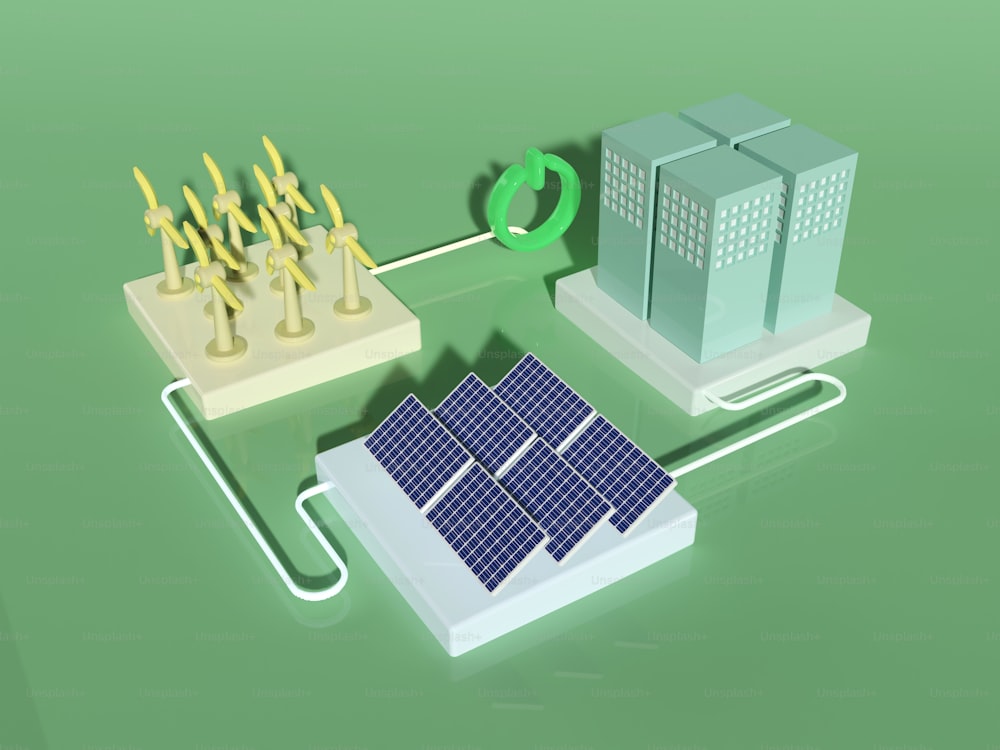 Un diagrama de una planta de energía solar con una red conectada a ella