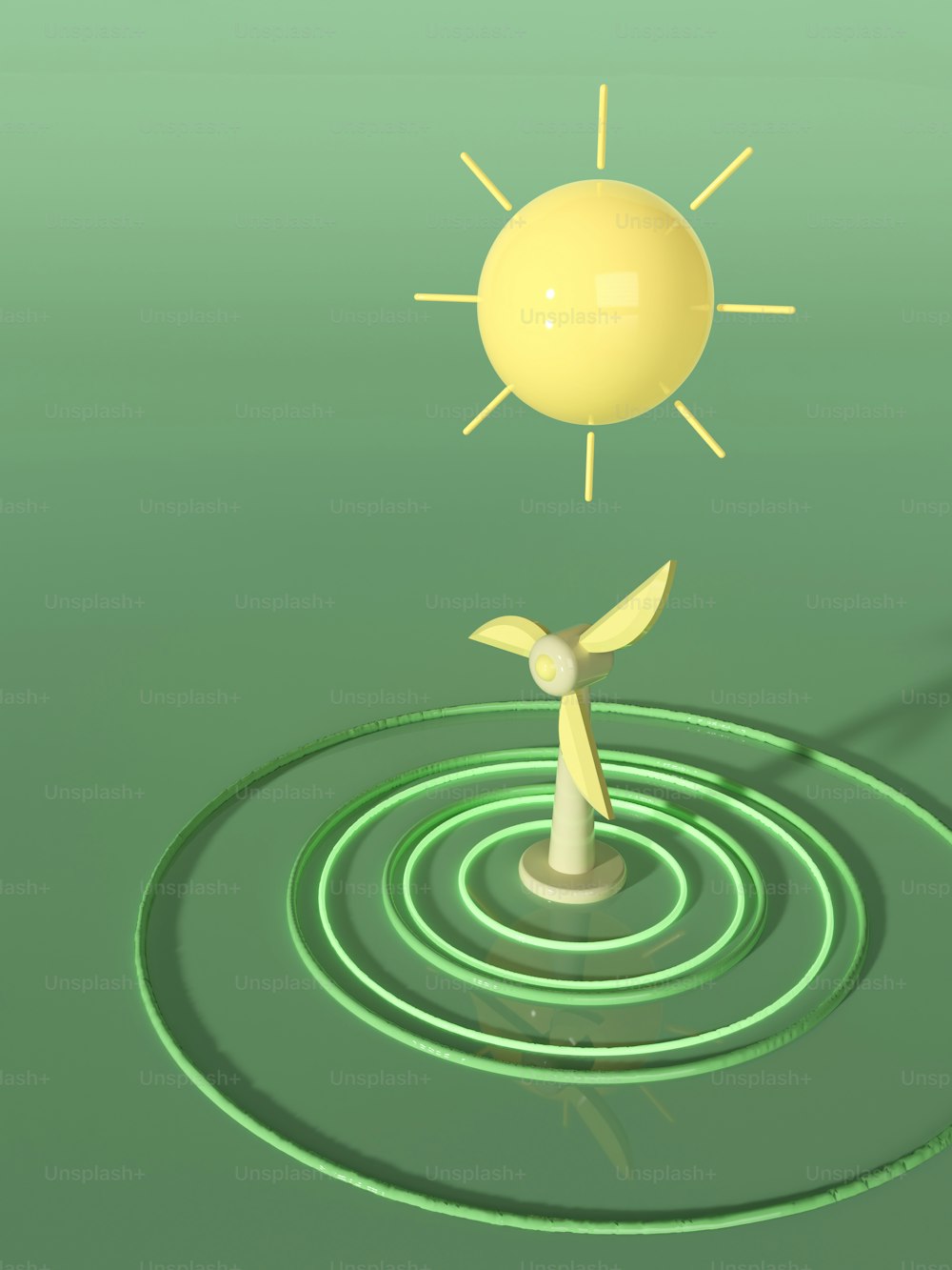 a computer generated image of a sun and a wind turbine