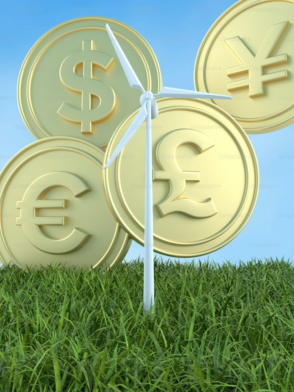 a bunch of coins with a wind turbine in the background