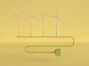 a row of wind turbines on a yellow background