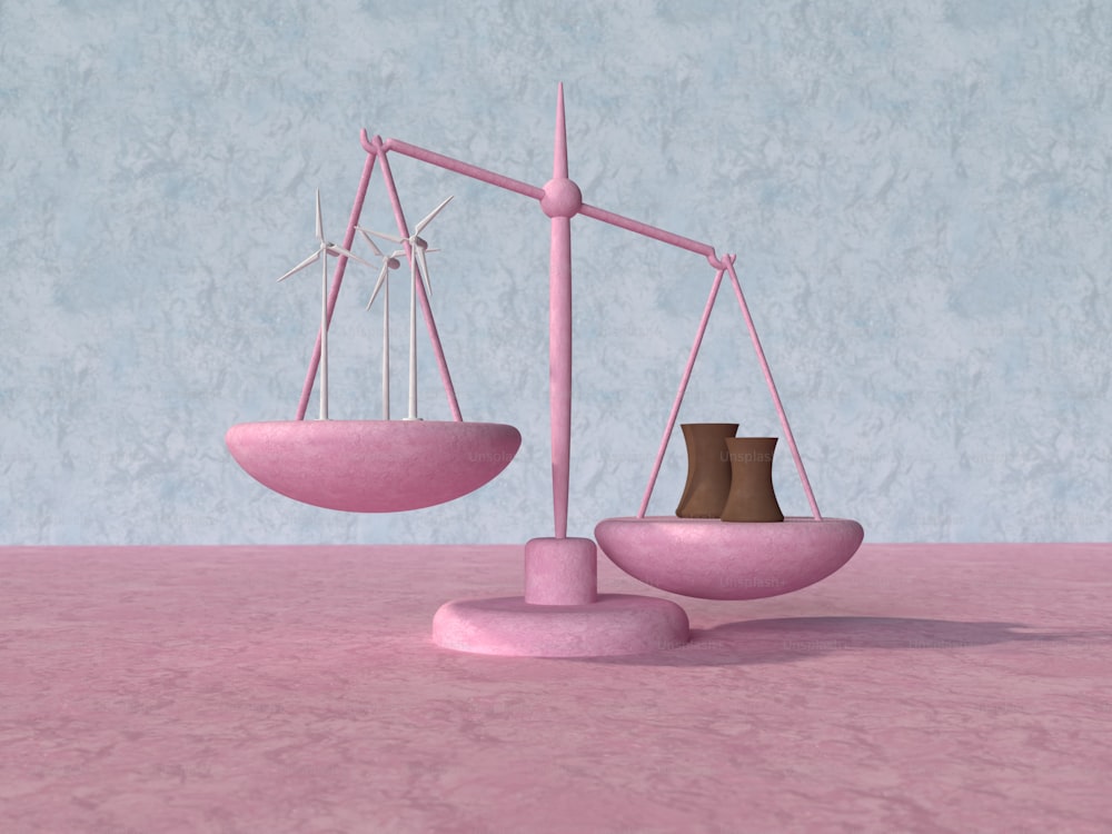 a pink scale with a brown vase on top of it