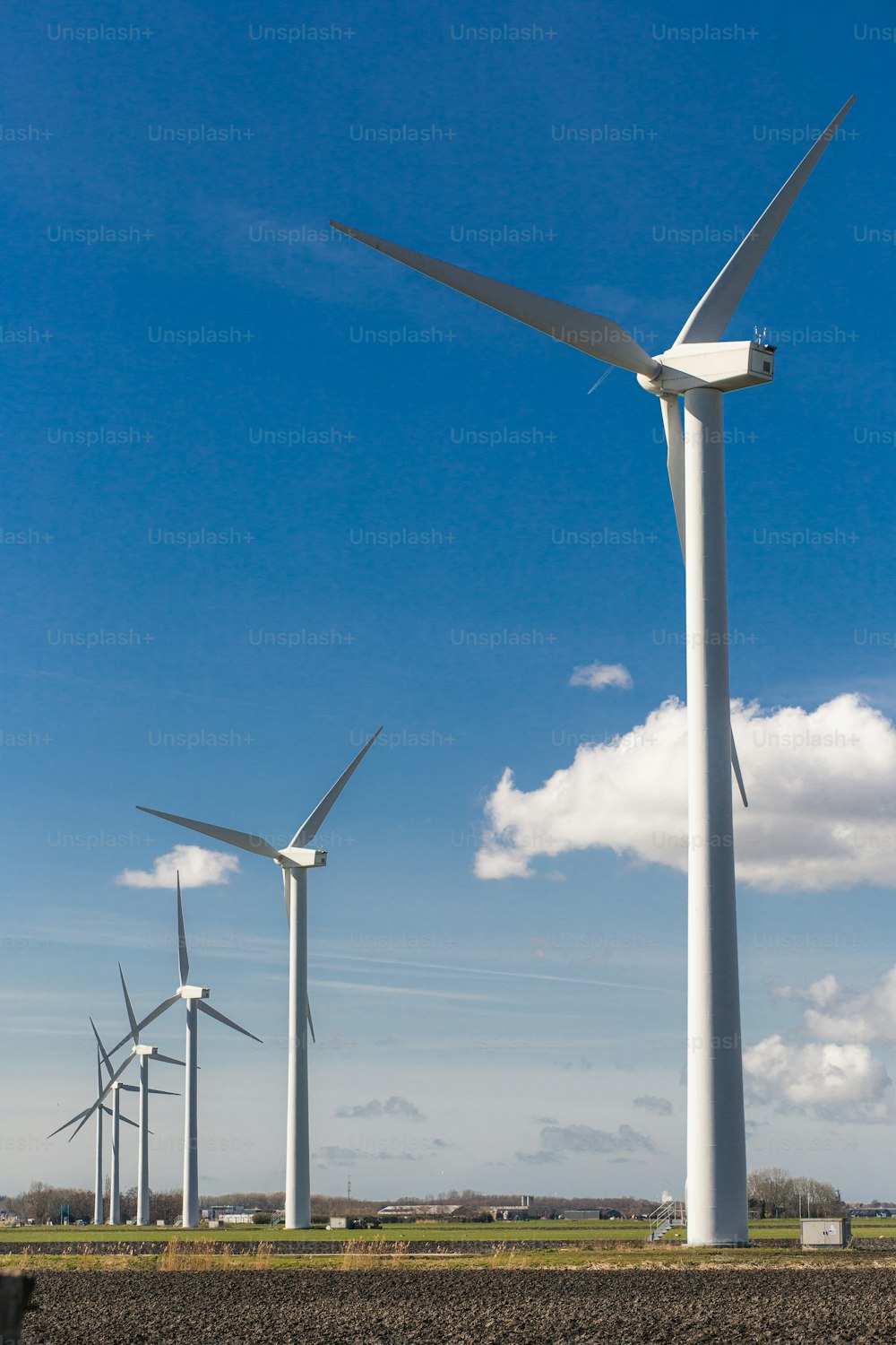 a row of wind turbines in a field