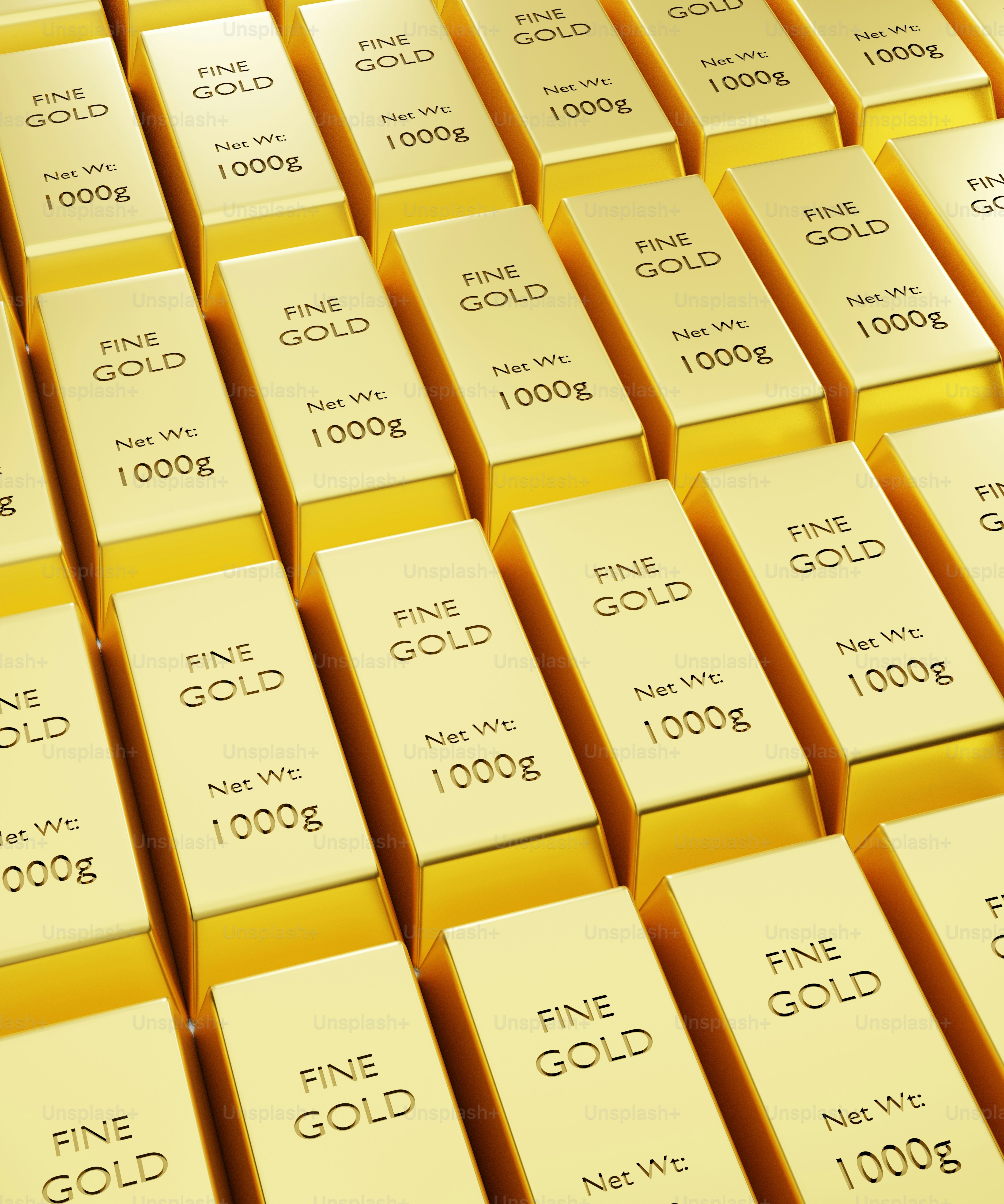 a large amount of gold bars stacked on top of each other