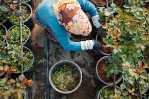 a woman in a blue shirt and white gloves working in a garden