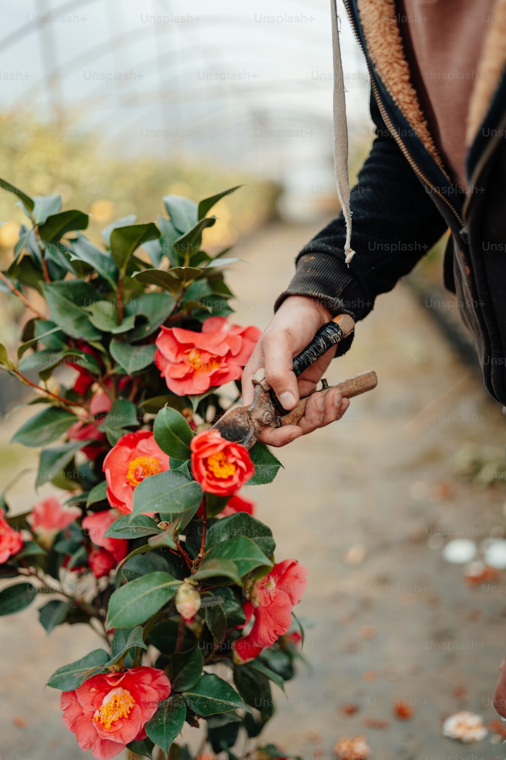 a person holding a pipe and a bunch of flowers