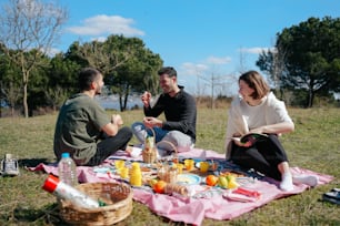 a group of people sitting on top of a grass covered field