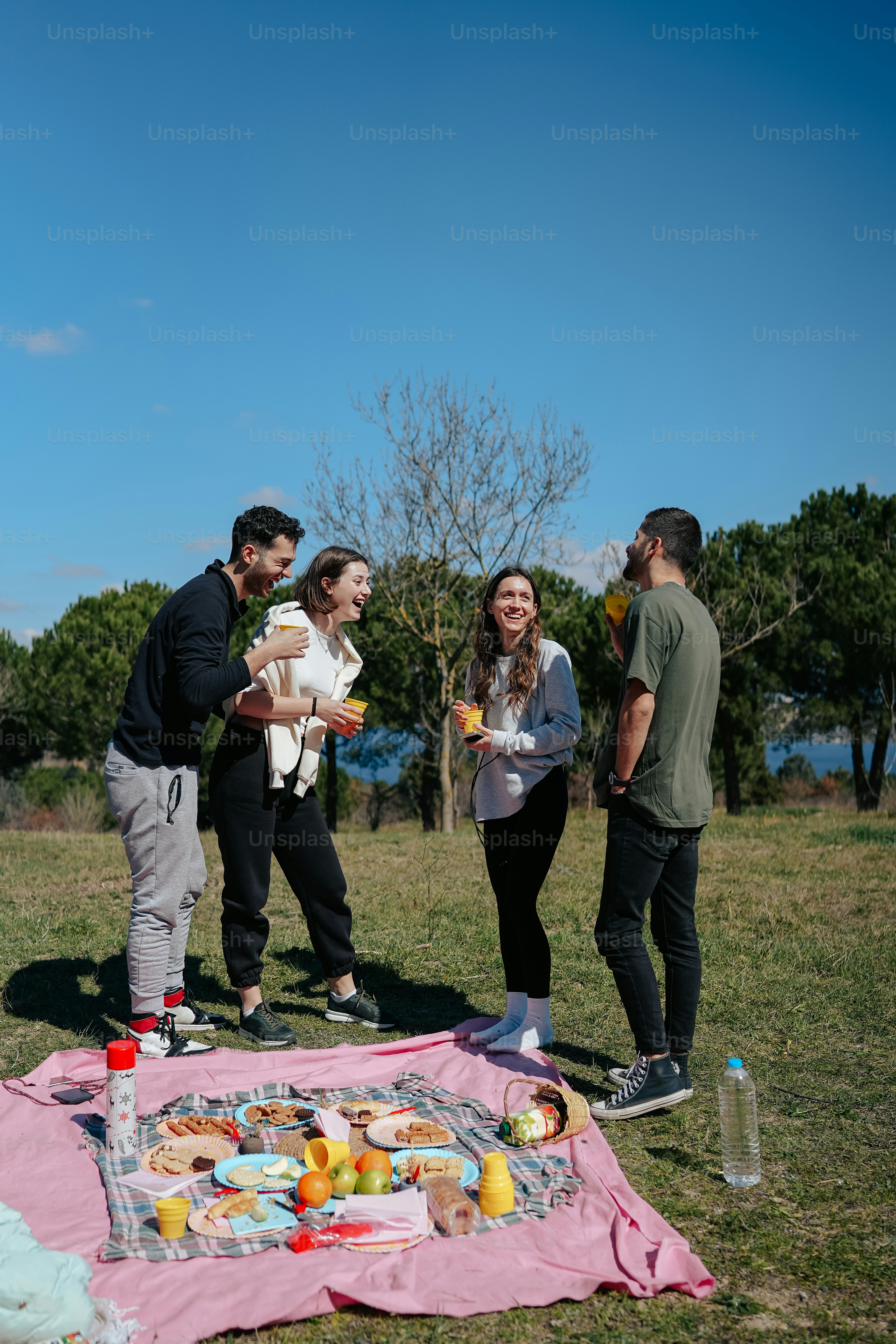 a group of people standing around a picnic blanket