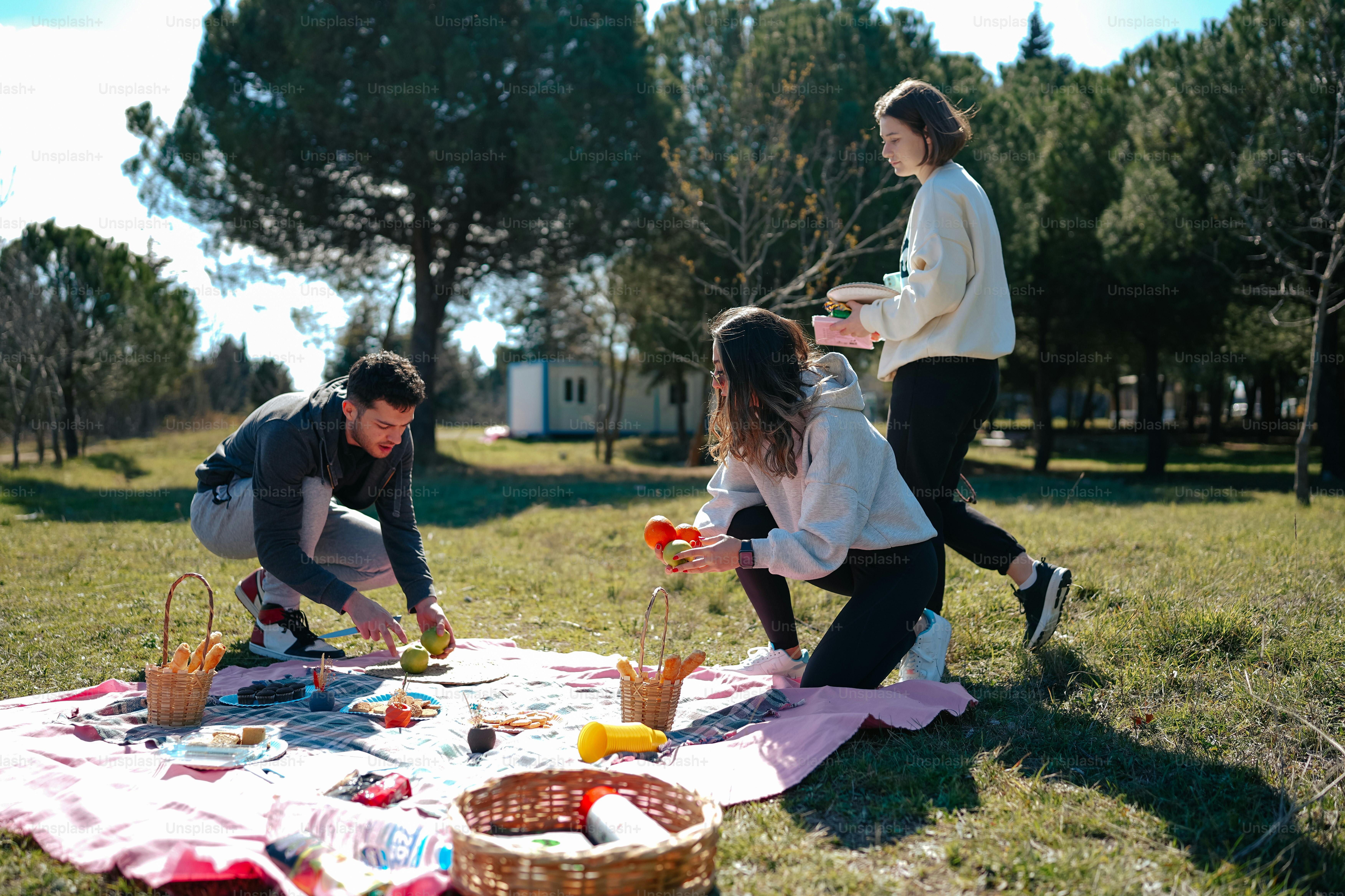 a man and a woman sitting on a blanket in the grass