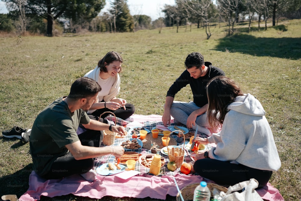 Un grupo de personas sentadas alrededor de una mesa de picnic