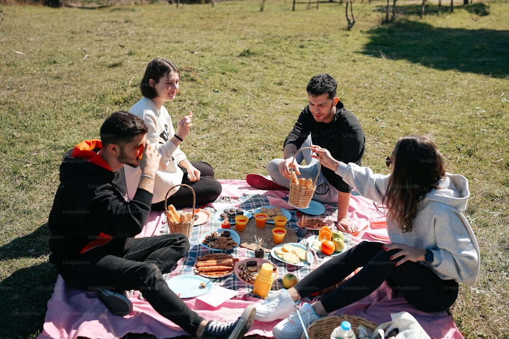 Un grupo de personas sentadas alrededor de una mesa de picnic