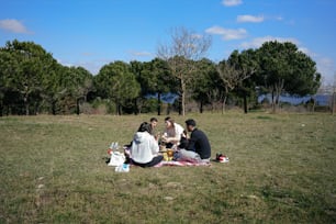 草原の上に座っている人々のグループ