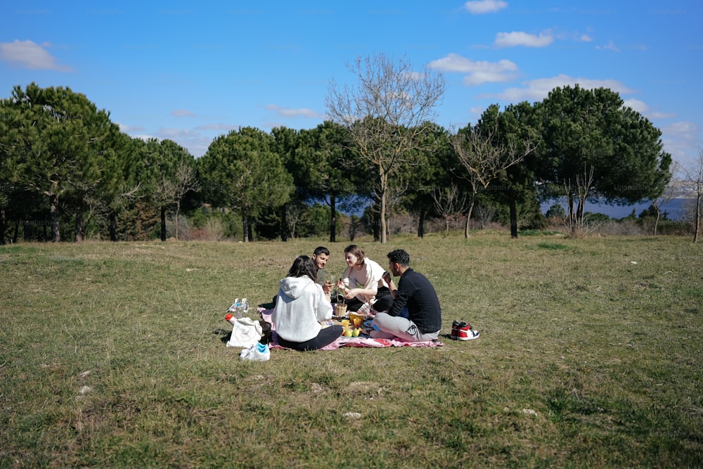 a group of people sitting on top of a grass covered field