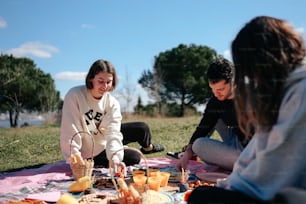 a group of people sitting around a picnic table