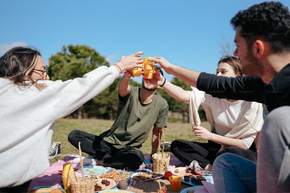 Un grupo de personas sentadas alrededor de una mesa de picnic