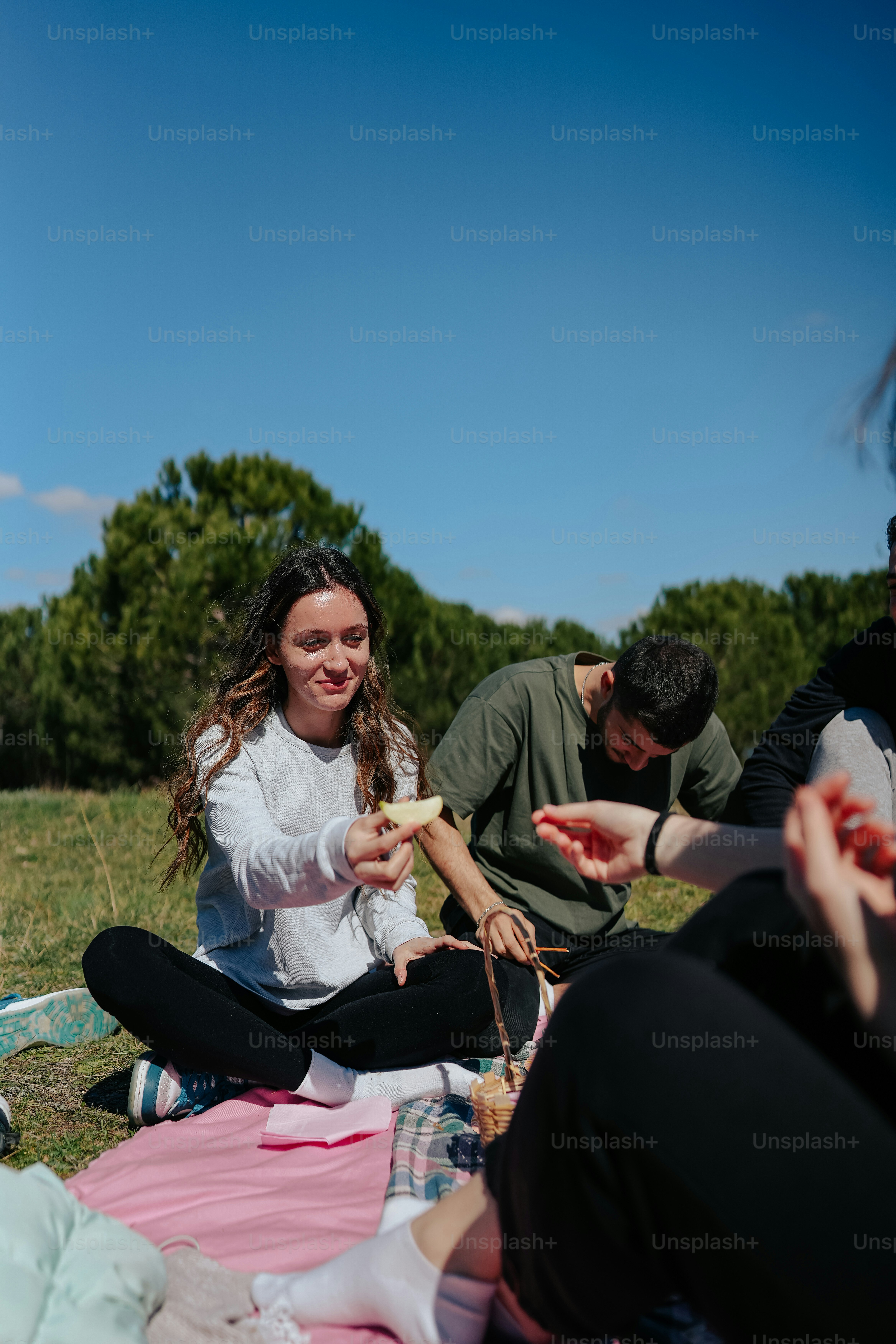 un groupe de personnes assises au sommet d’un champ couvert d’herbe