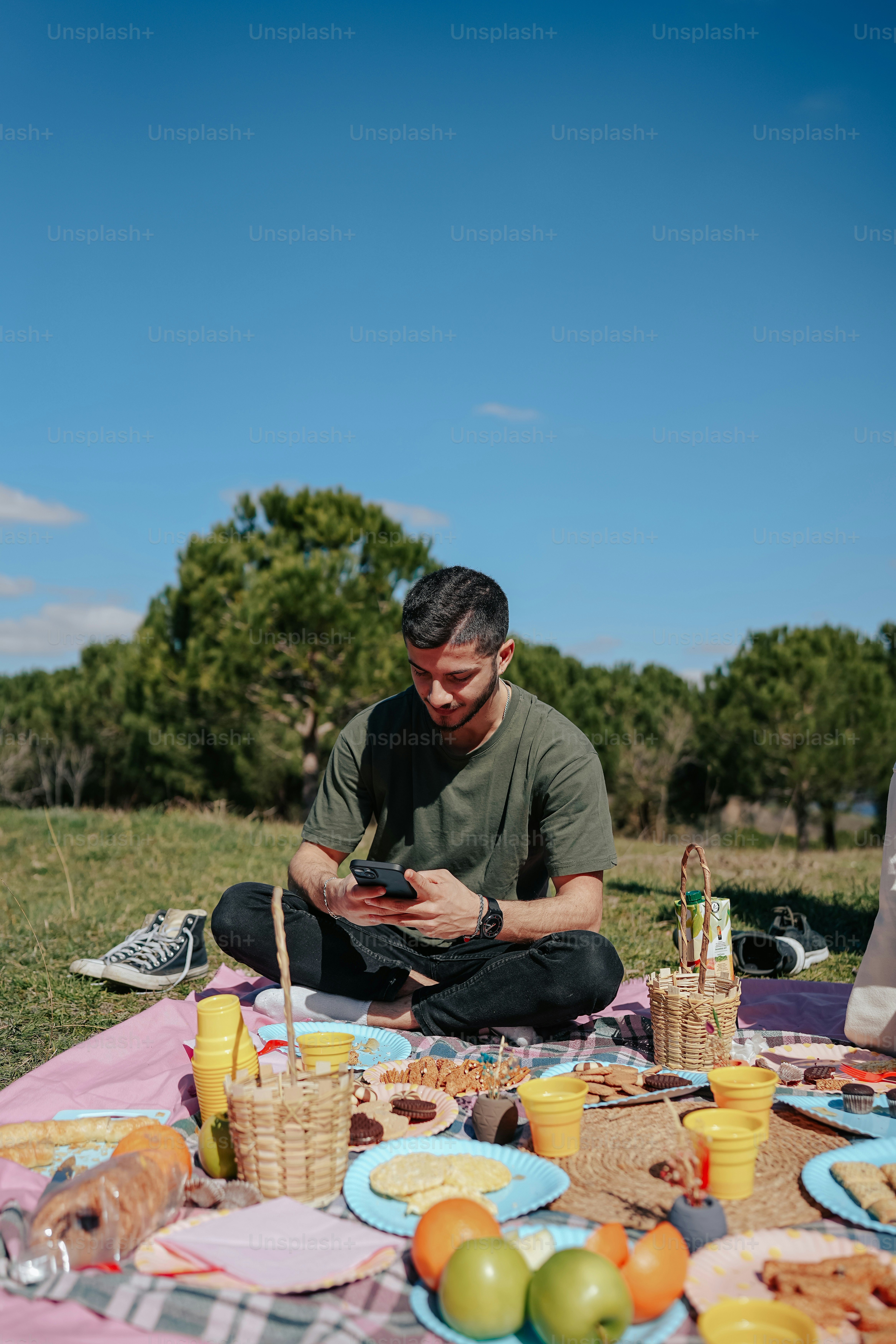 a man sitting on a blanket in a field looking at his cell phone