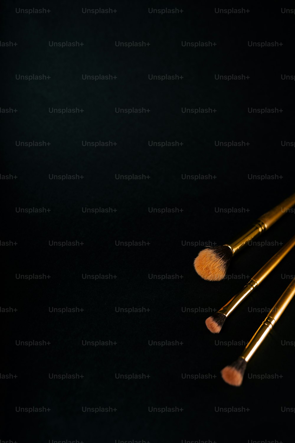 a close up of three makeup brushes on a black surface