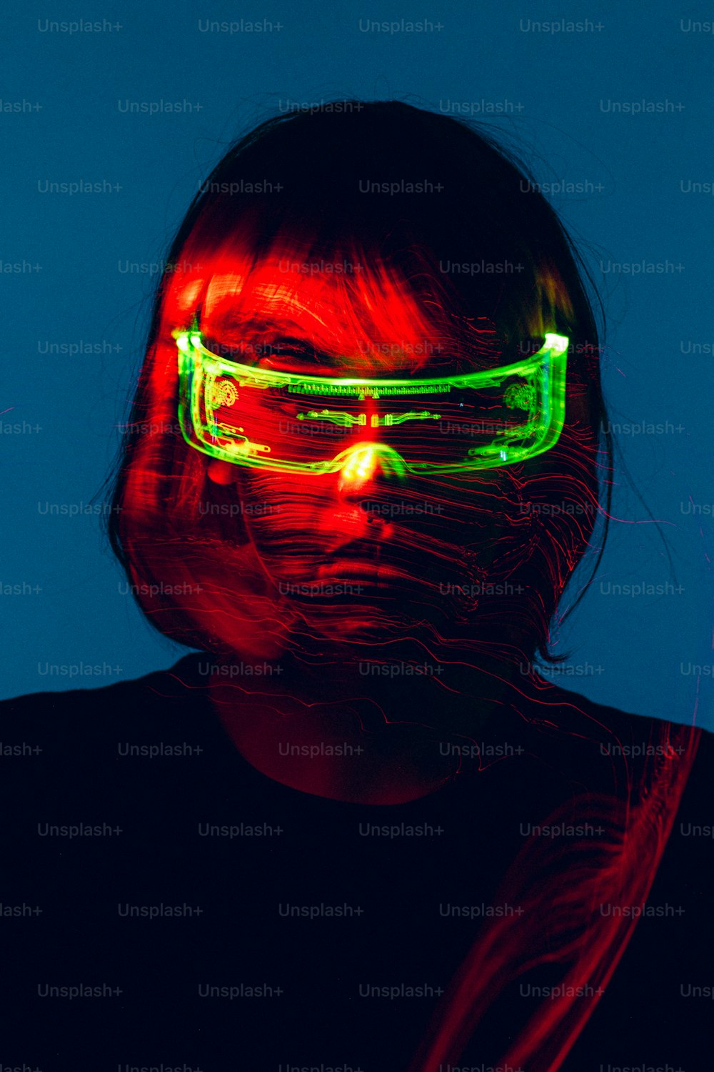 a woman with glowing glasses on her face