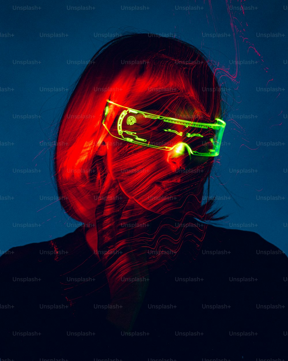 a woman with neon glasses on her face