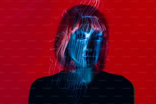 a woman's face is shown with a red background