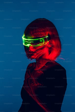 a woman with a neon light on her face