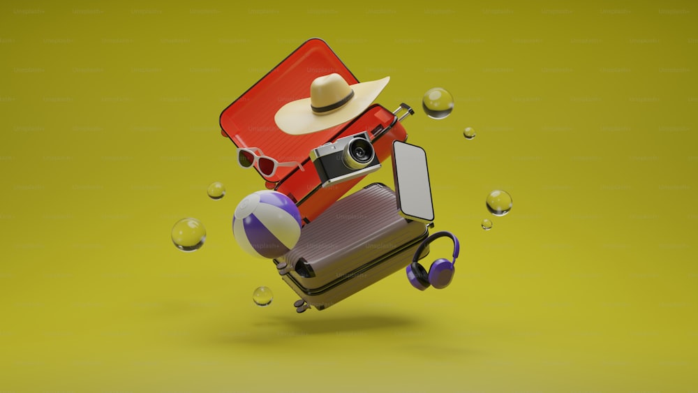 a red suitcase with a hat on top of it