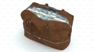 Una bolsa marrón llena de dinero encima de un piso blanco
