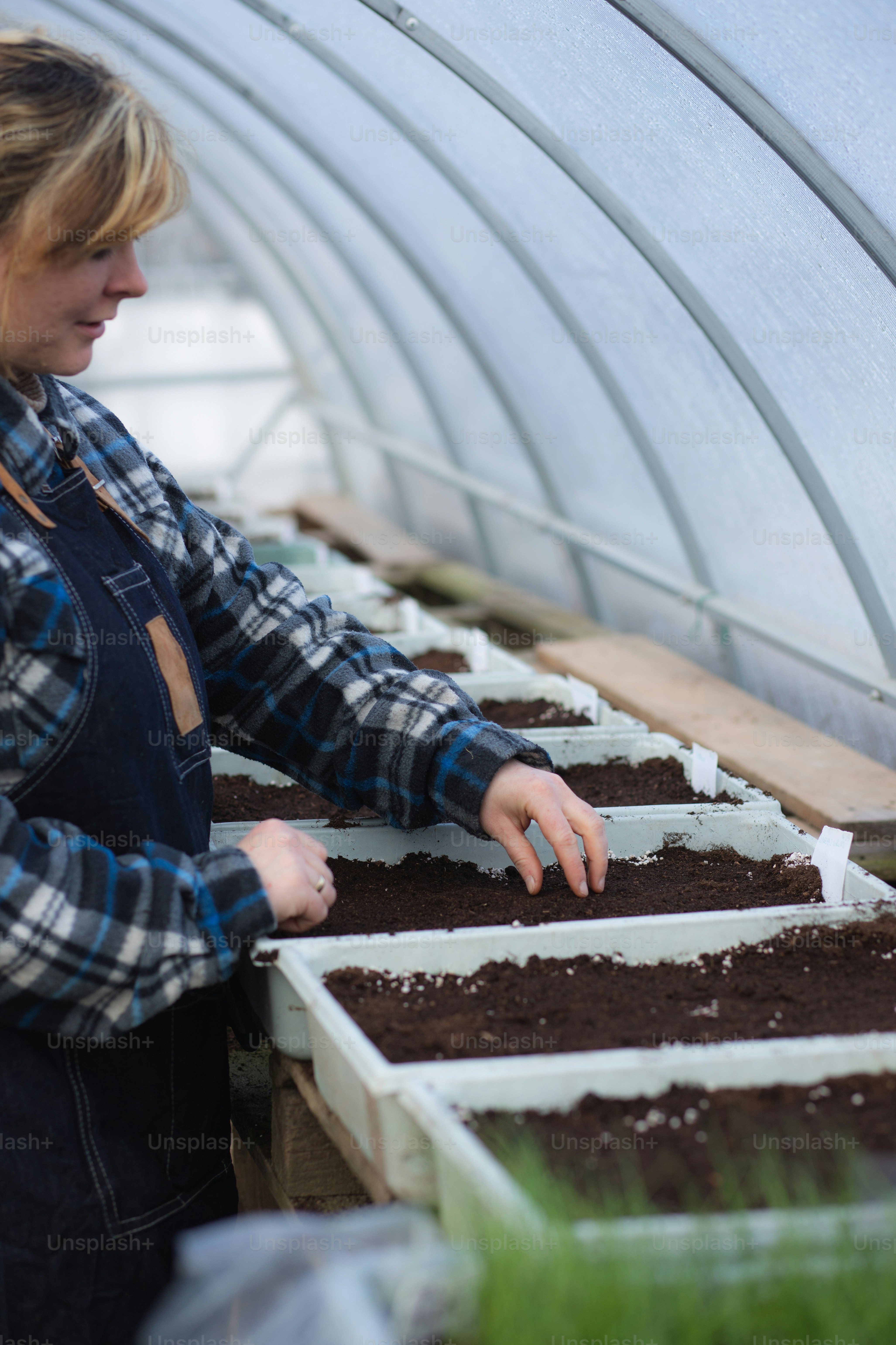 uma mulher em pé na frente de uma fileira de plantas