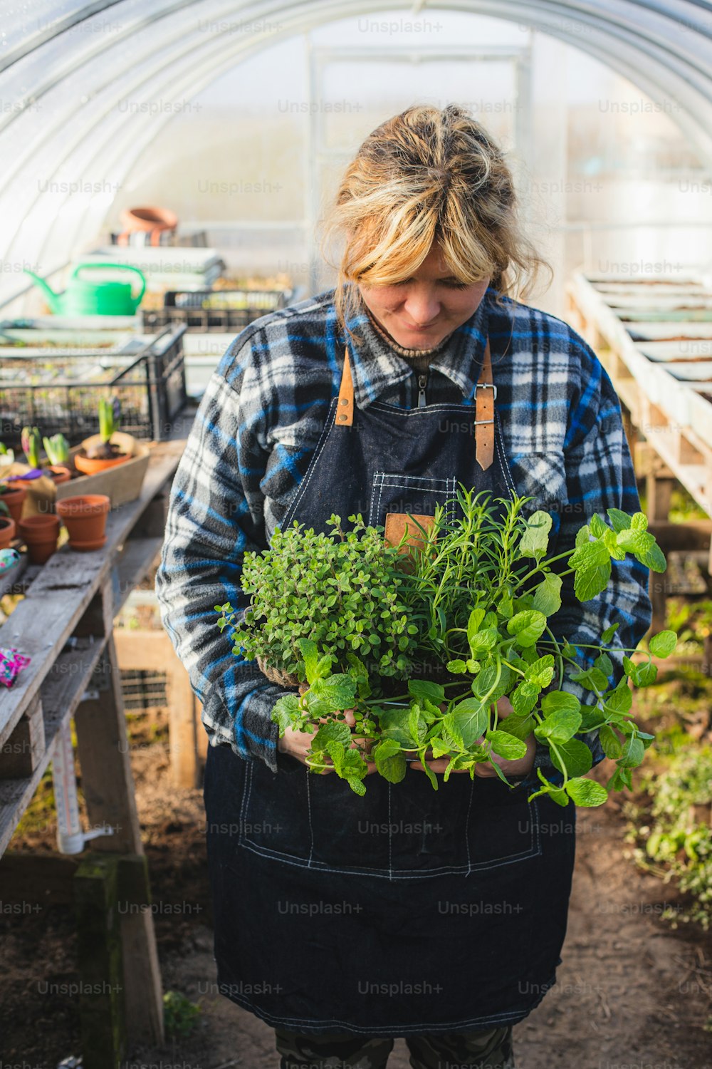 a woman holding a bunch of plants in a greenhouse