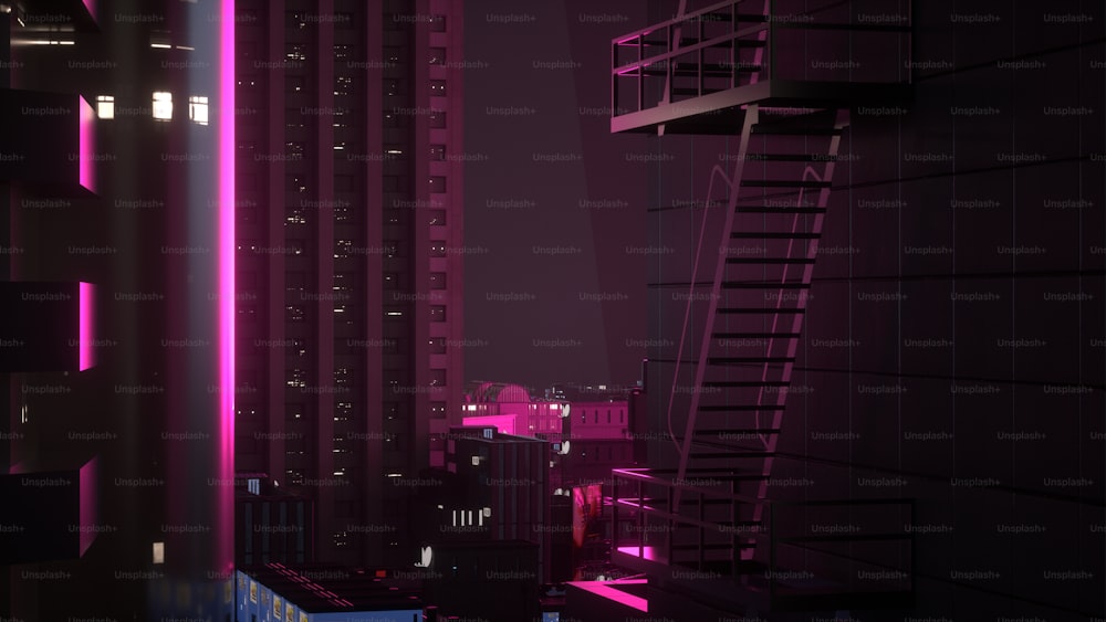 uma cidade escura à noite com luzes de néon